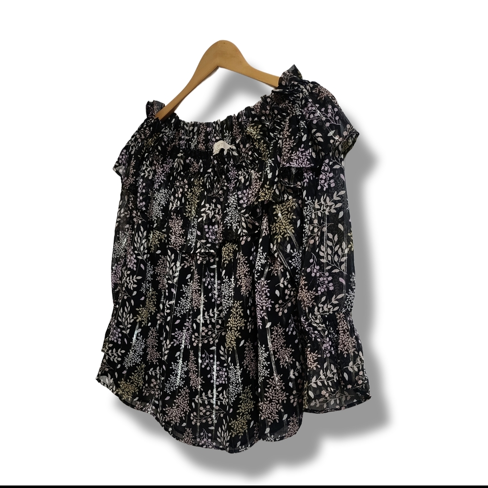 🌿Loft Black Metallic Leaf Print Off-Shoulder Top, Women's Medium - Picture 4 of 13